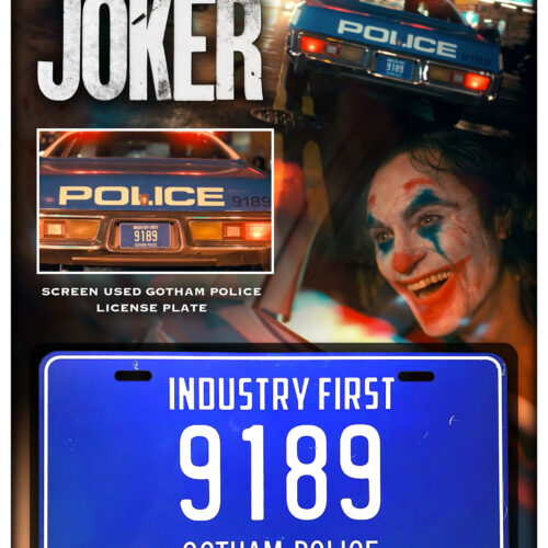 Authentic screen-used Gotham Police license plate from Joker (2019), featuring registration number 9189. Rare movie prop from Joaquin Phoenix’s Oscar-winning film, in excellent condition.