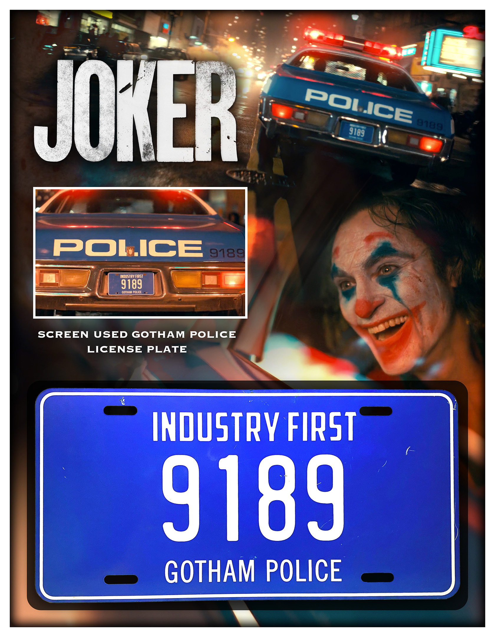 Authentic screen-used Gotham Police license plate from Joker (2019), featuring registration number 9189. Rare movie prop from Joaquin Phoenix’s Oscar-winning film, in excellent condition.